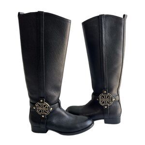 Tory Burch Black Leather Amanda Tall Riding Boots Size 6.5 Big Logo